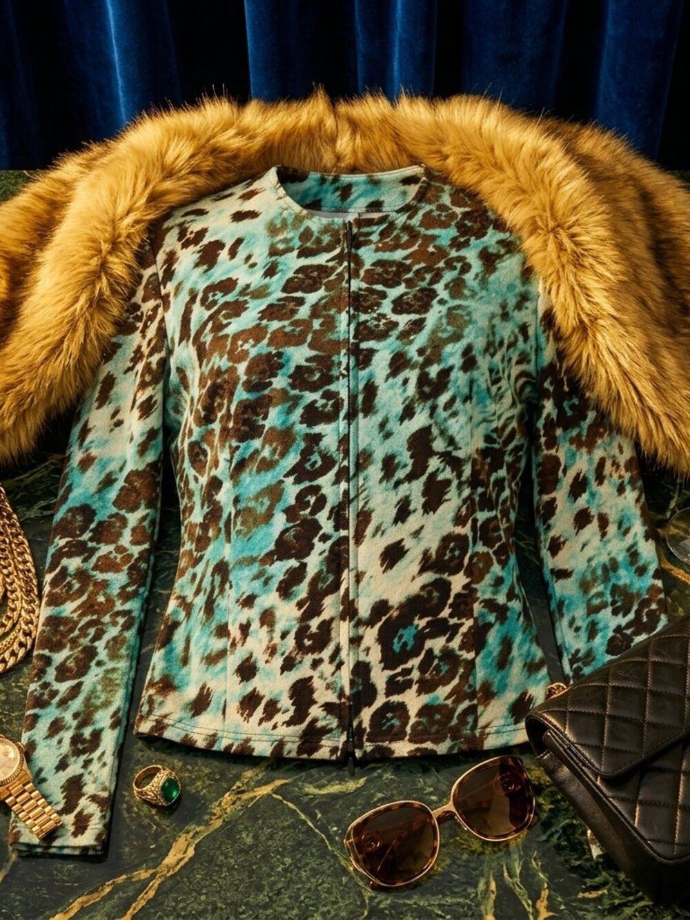 Joseph Ribkoff Aqua Leopard Print Paillette Zip Blazer Jacket | Size 12 - Picture 9 of 9